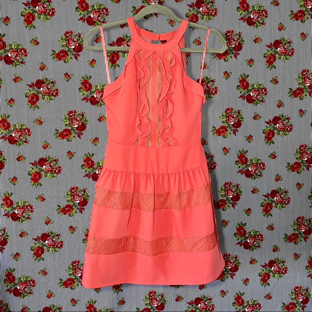 BCBGMAXAZRIA Katrine Halter Open Back Lace Dress